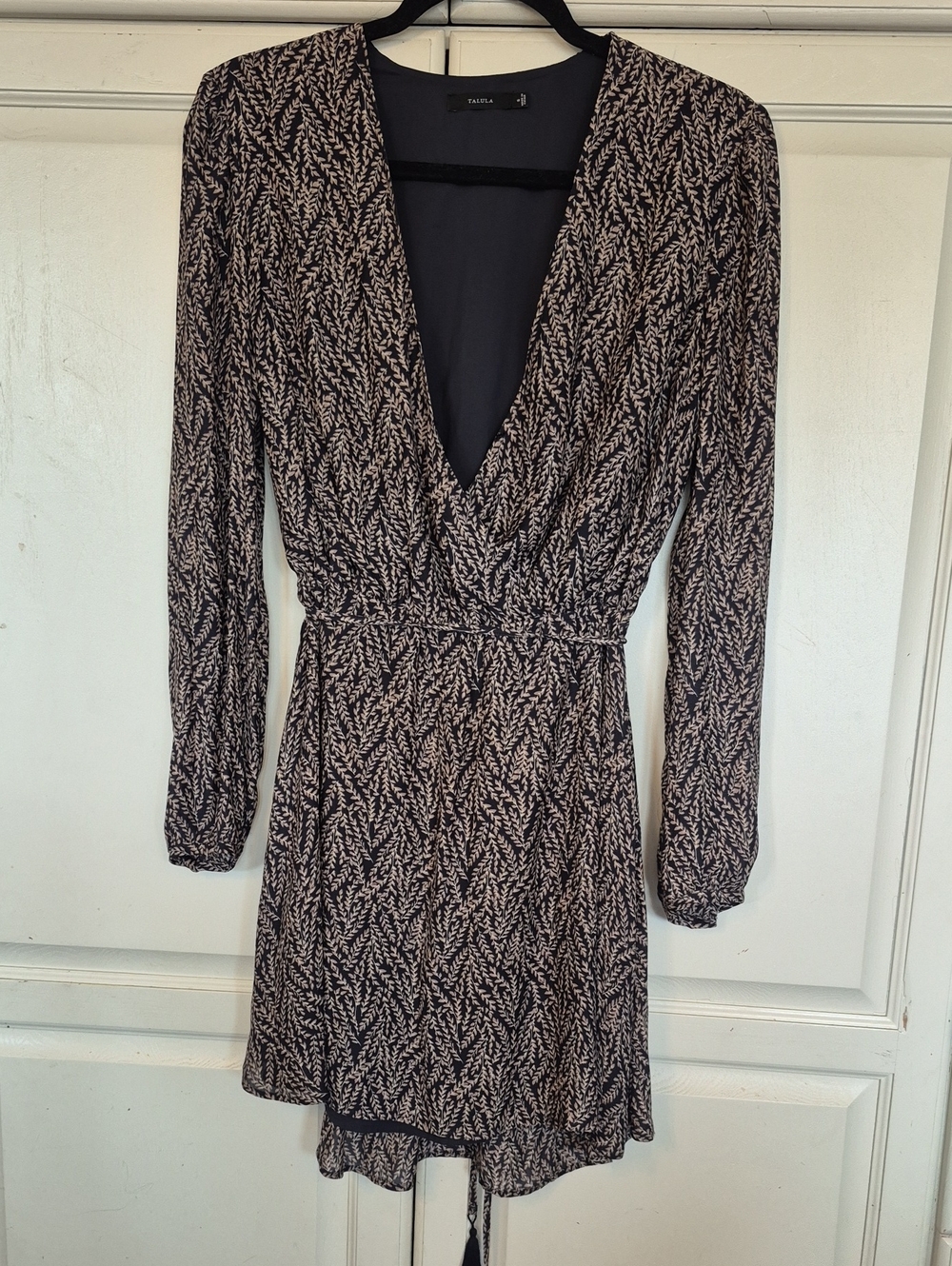 Talula Black and Cream V-Neck Long Sleeve Printed Wrap Dress